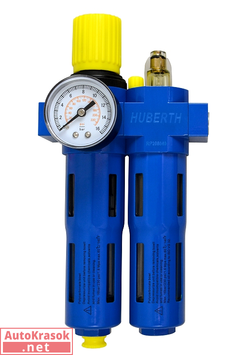 Фильтр-лубрикатор с регулятором давления и манометром, 1050 л/мин, 16 бар, 1/4", RP208040, Huberth