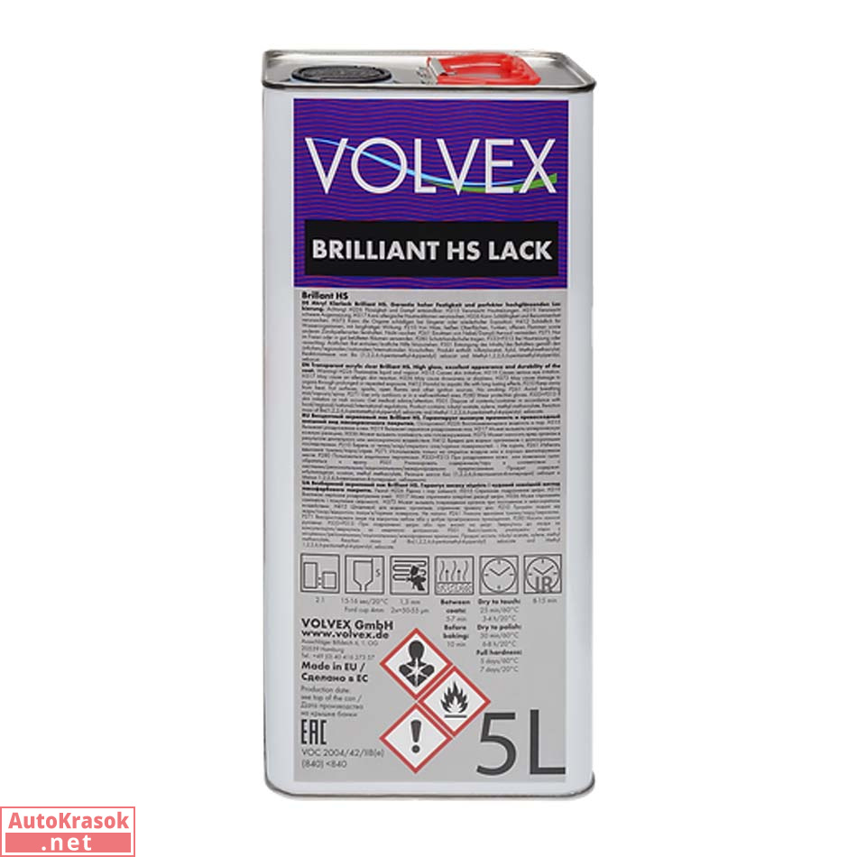Лак акриловый прозрачный, BRILLIANT HS, устойчивый к царапинам, 5 л (отвердитель отдельно), 34460369, VOLVEX
