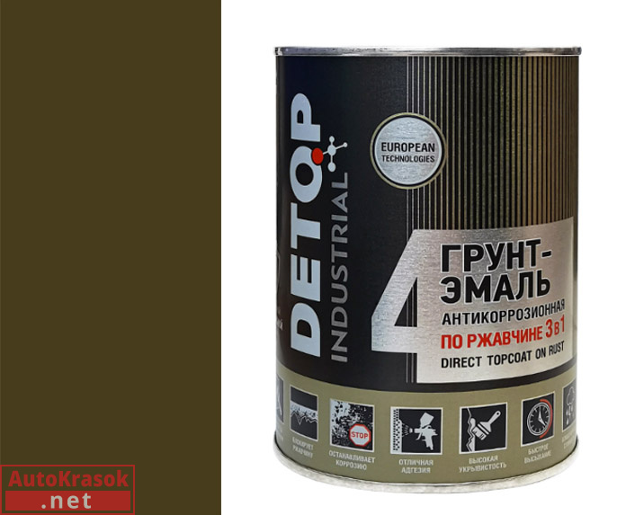 Грунт-эмаль по ржавчине №4, Direct Tocoat on Rust "3в1", хаки (защитная), 0,75 л, DETOP