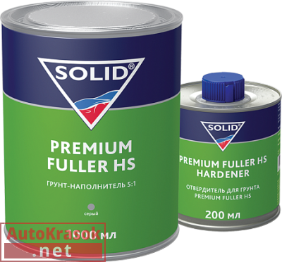 2К акриловый грунт-наполнитель PREMIUM FULLER HS  5:1 (комплект), серый, 1л 334.1020, SOLID